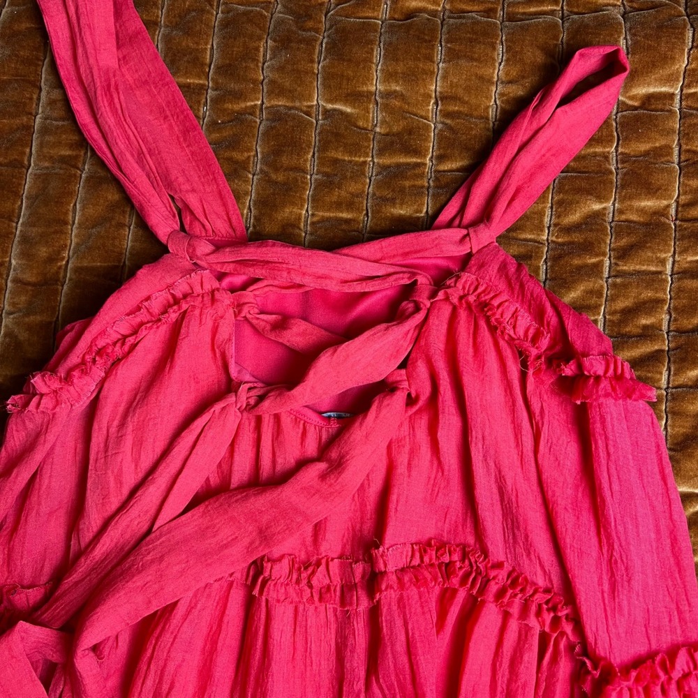 Mulla Coral Pink Red Linen Blend Tiered Ruffle Mini Dress Lace Up Back Womens S